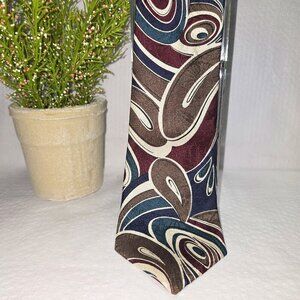 OSCAR DE LA RENTA MENS TIE VINTAGE TRADITIONAL SWIRL DESIGN BLUE TAN CRIMSON